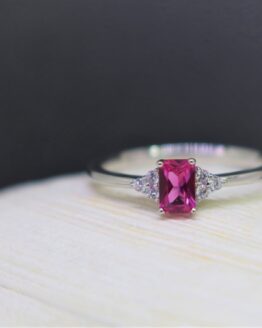 Sterling Silver Emerald Cut Pink Gemstone RIng