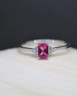 Emerald Cut Pink Gemstone Sterling Silver Ring
