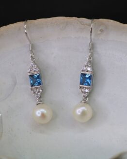 Sterling Silver Aqua Topaz and Pearl Earrings