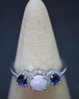 Sterling Silver Three Stone White Opal and Sapphire Ring