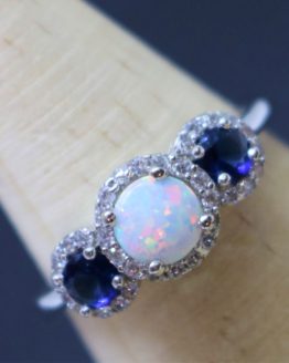 Sterling Silver Three Stone White Opal and Sapphire Ring