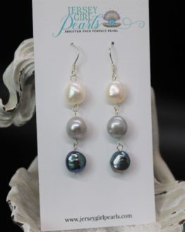 pearl drop earrings with three different color pearls