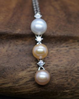 triple pearl drop pendant set with natural ivory, pink and lavender freshwater pearls